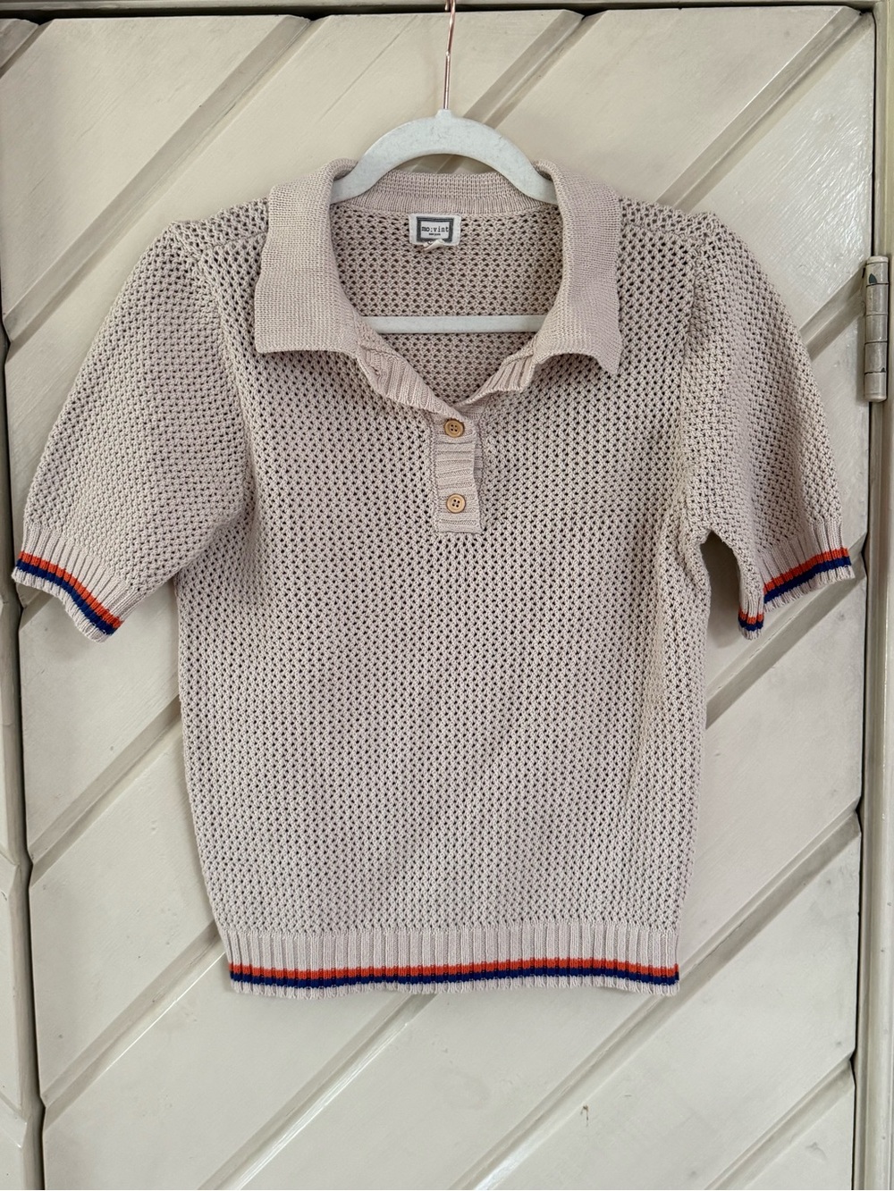 Knit Polo Top with Stripe Trim - Cream